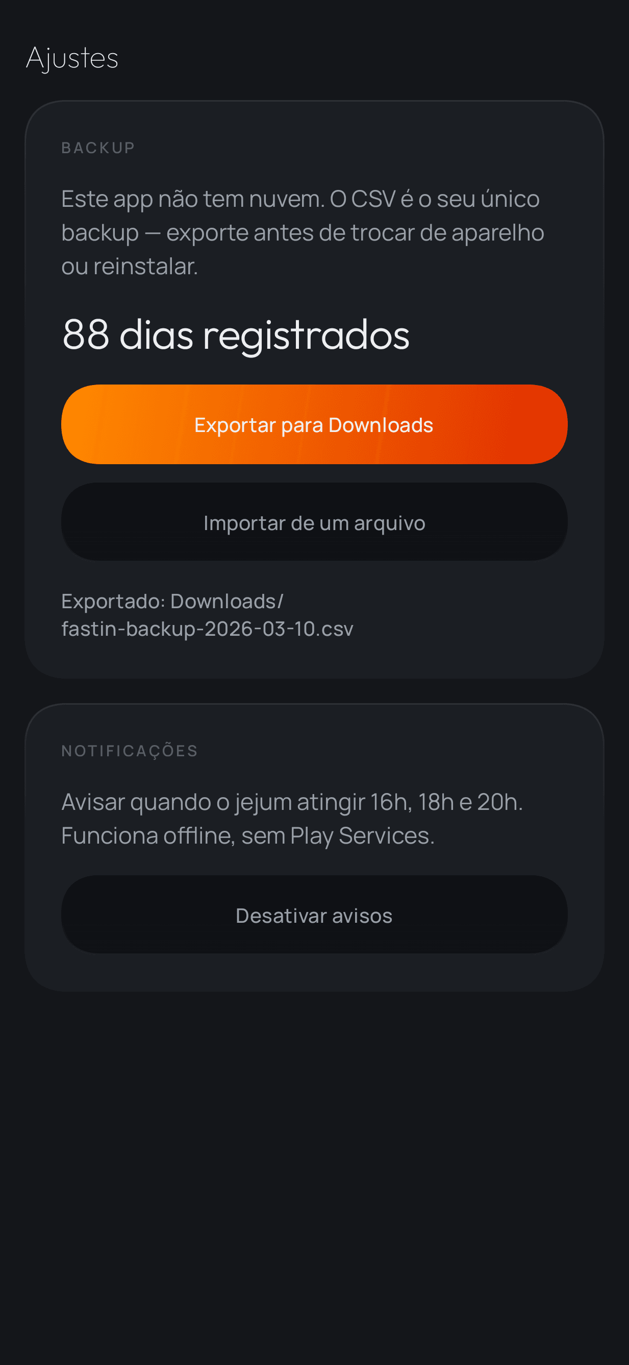 fastin — ajustes e backup